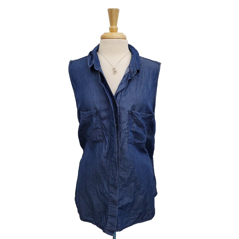 Kenneth Cole Reaction Womens Chambray Button Front Sleeveless Top Plus Size 1X